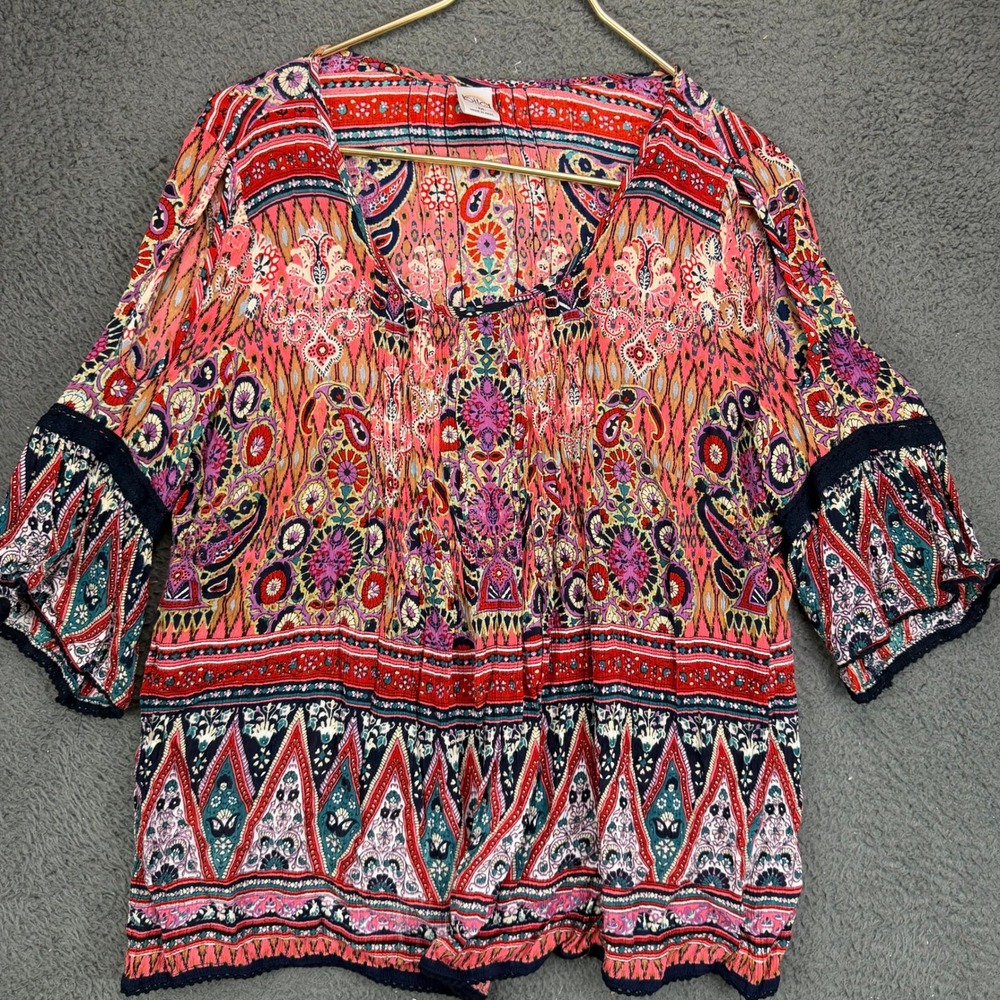 Bila Womens Medium Pink Multi Color Paisley Boho Peasant Top Bell Sleeve